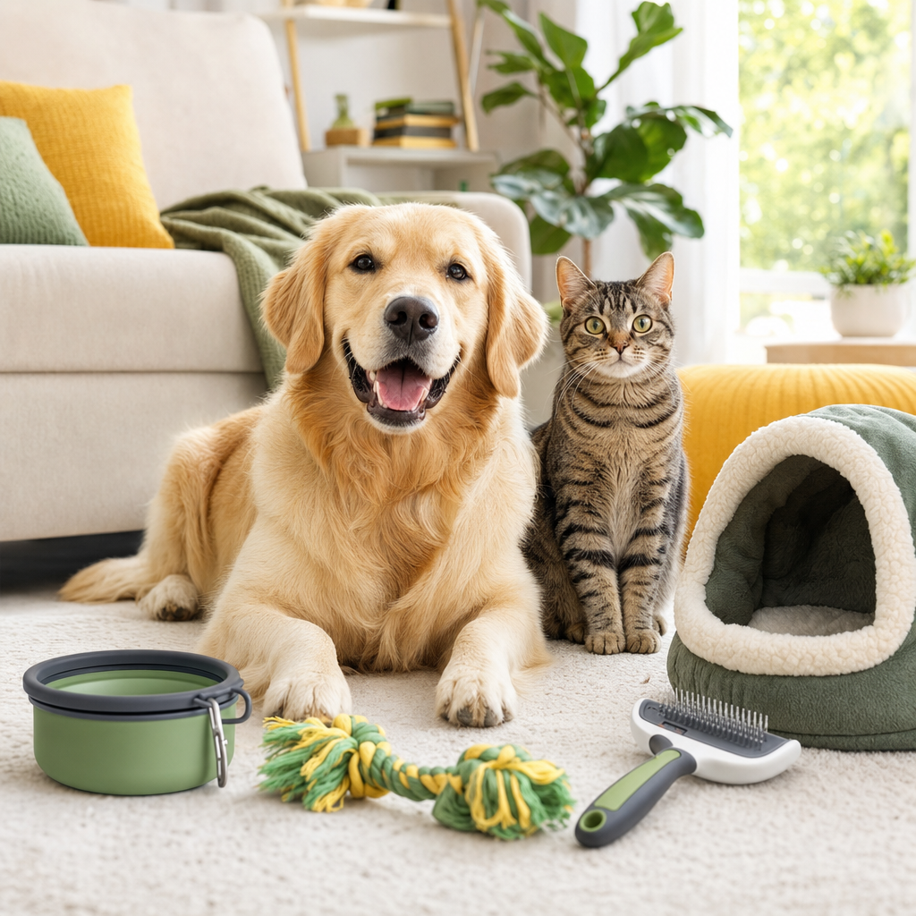 Best-selling pet essentials with a happy dog and cat